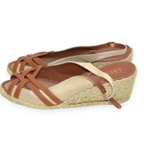 Ralph Lauren Linen Brown Leather Gold Foil Slingback Wedges Heels Sandals 9.5 - Picture 6 of 10